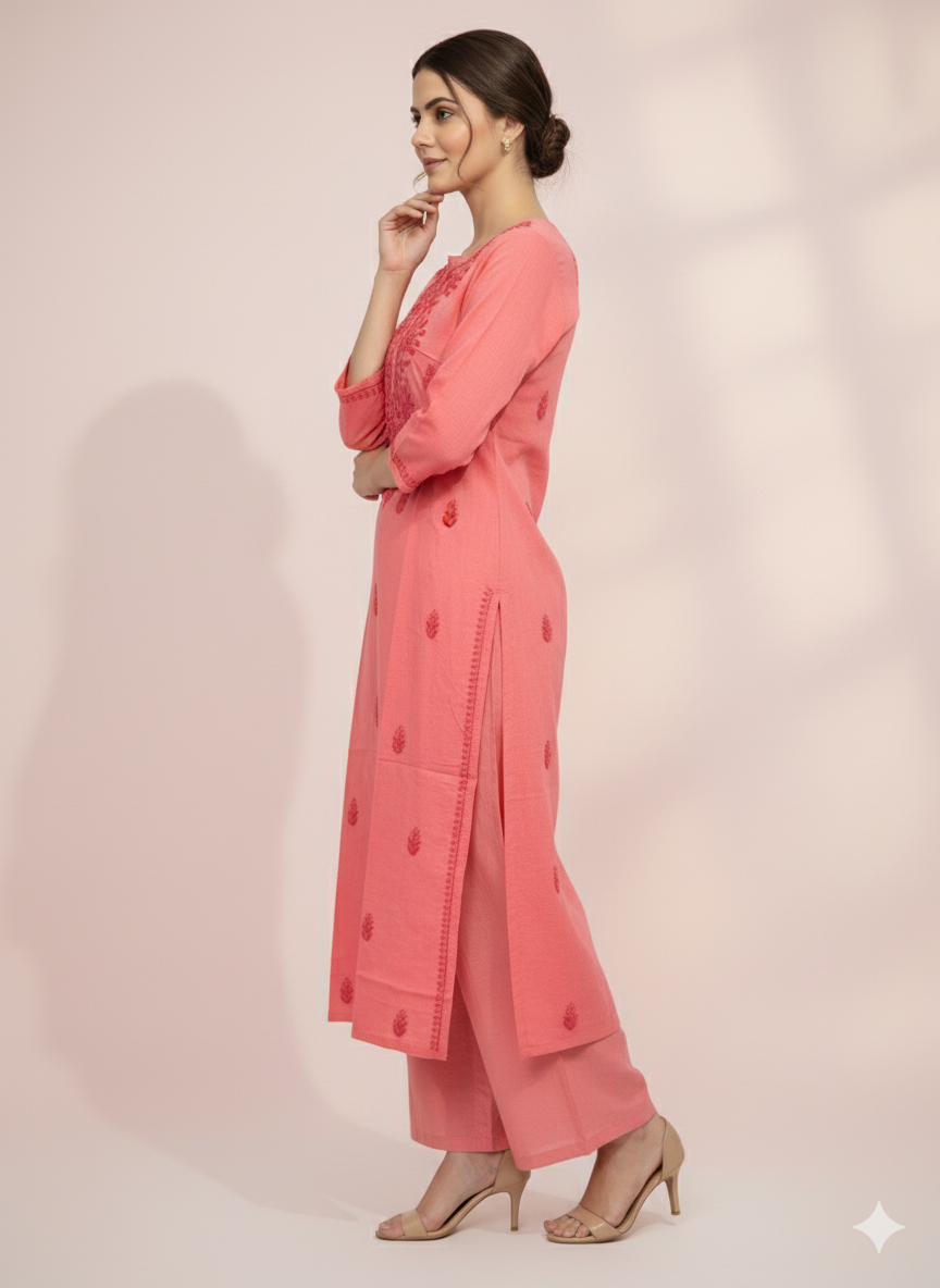 Women’s Handcrafted Pink Cotton Chikankari Kurti – Lucknowi Embroidery, 34th Sleeve Ethnic Wear for Office & Casual Outfits