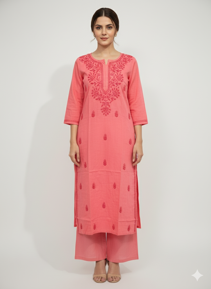 Women’s Handcrafted Pink Cotton Chikankari Kurti – Lucknowi Embroidery, 34th Sleeve Ethnic Wear for Office & Casual Outfits