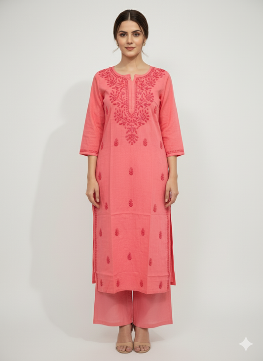 Women’s Handcrafted Pink Cotton Chikankari Kurti – Lucknowi Embroidery, 34th Sleeve Ethnic Wear for Office & Casual Outfits