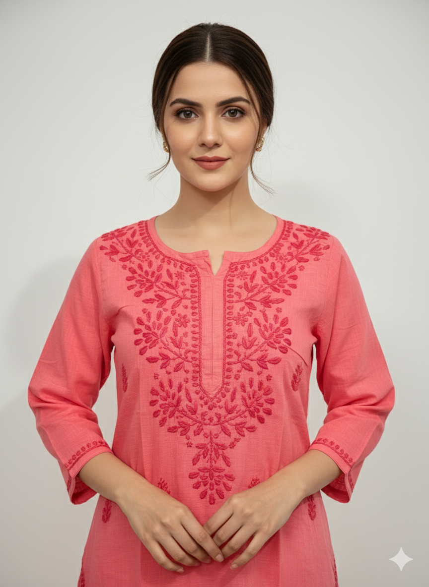 Women’s Handcrafted Pink Cotton Chikankari Kurti – Lucknowi Embroidery, 34th Sleeve Ethnic Wear for Office & Casual Outfits
