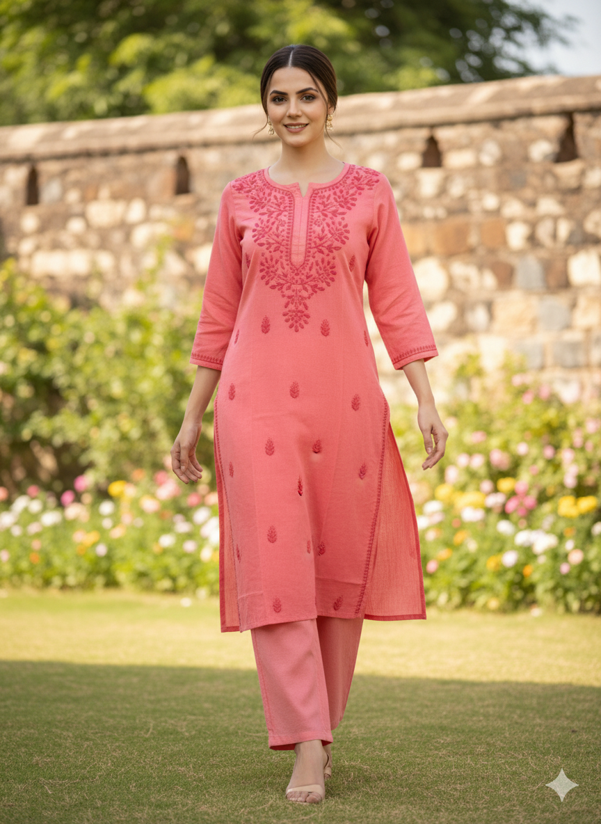 Women’s Handcrafted Pink Cotton Chikankari Kurti – Lucknowi Embroidery, 34th Sleeve Ethnic Wear for Office & Casual Outfits