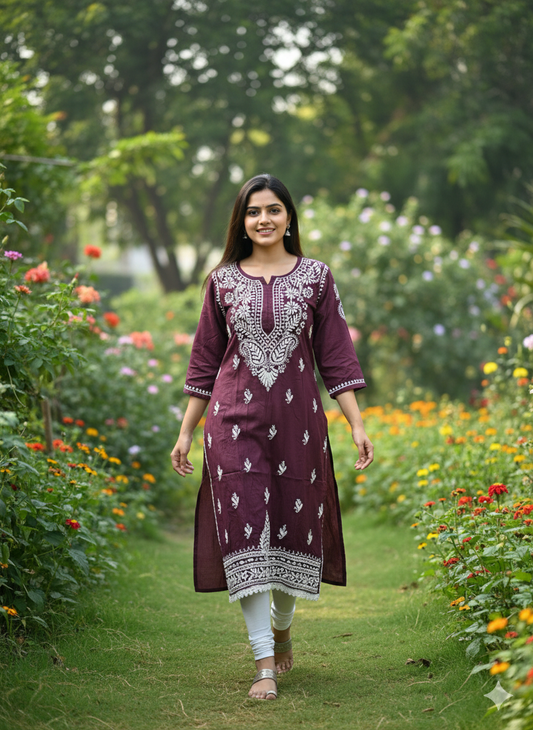 Women's Maroon Chikankari Kurti with White Hand Embroidery  Pure Cotton Ethnic Wear for Casual & Festive