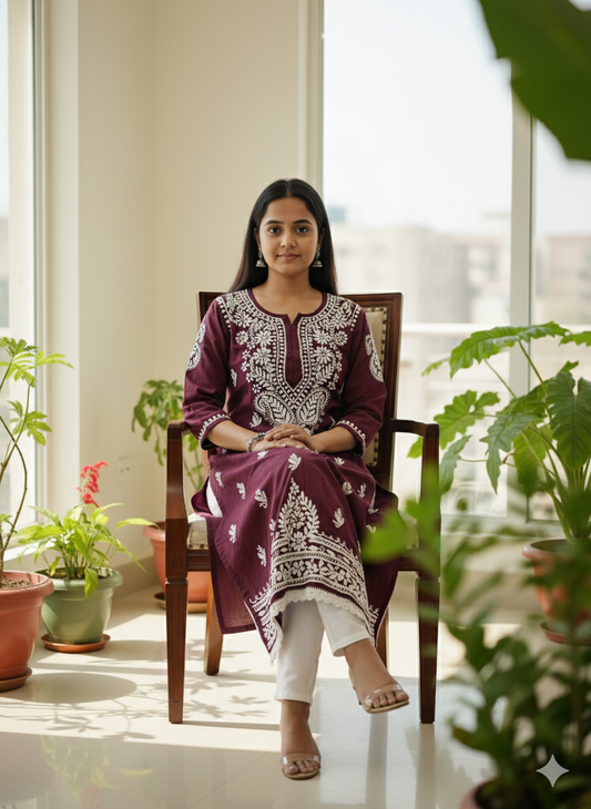 Maroon cotton Chikankari kurti embroidery close up