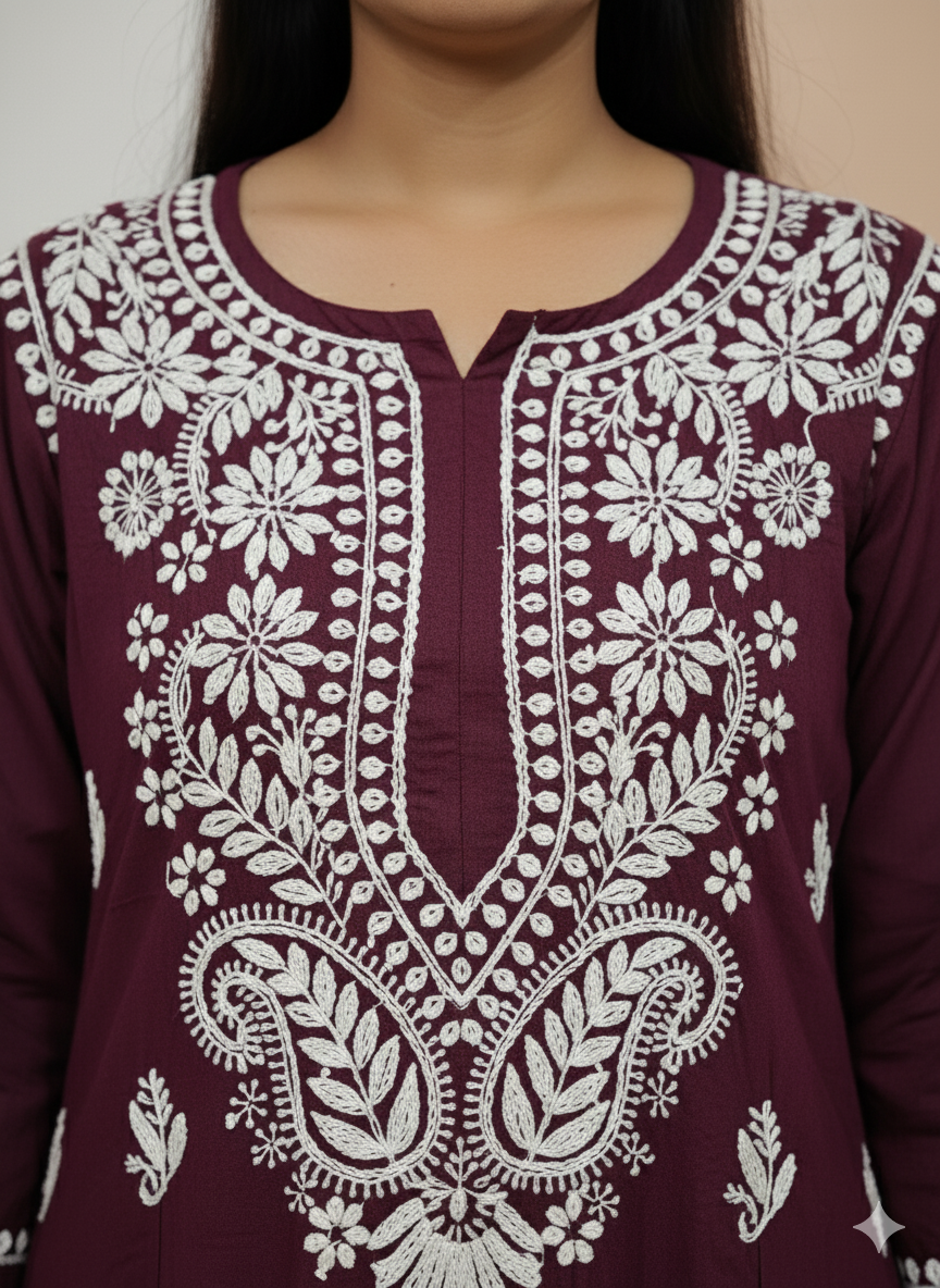 Women's Maroon Chikankari Kurti with White Hand Embroidery  Pure Cotton Ethnic Wear for Casual & Festive