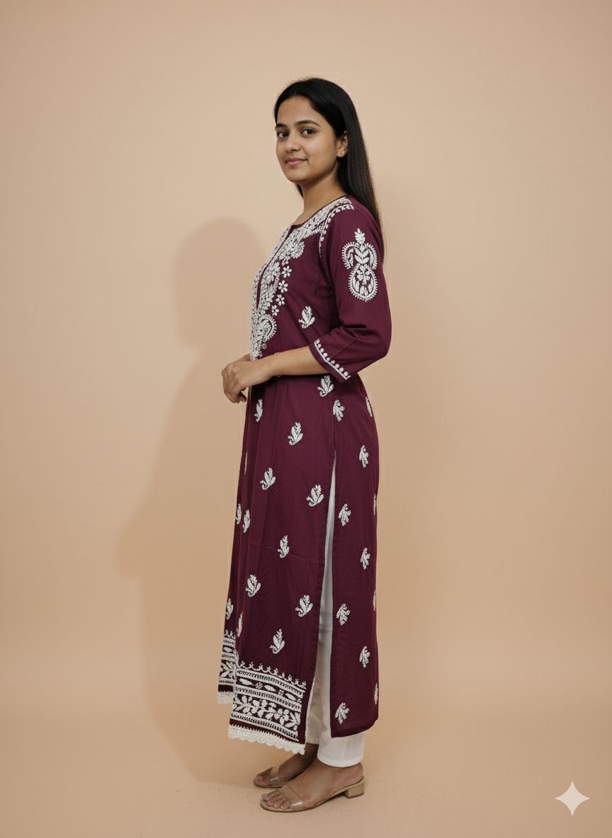 Women's Maroon Chikankari Kurti with White Hand Embroidery  Pure Cotton Ethnic Wear for Casual & Festive