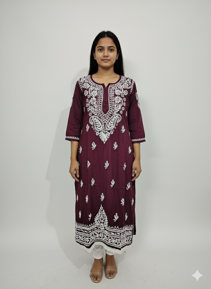 Women's Maroon Chikankari Kurti with White Hand Embroidery  Pure Cotton Ethnic Wear for Casual & Festive