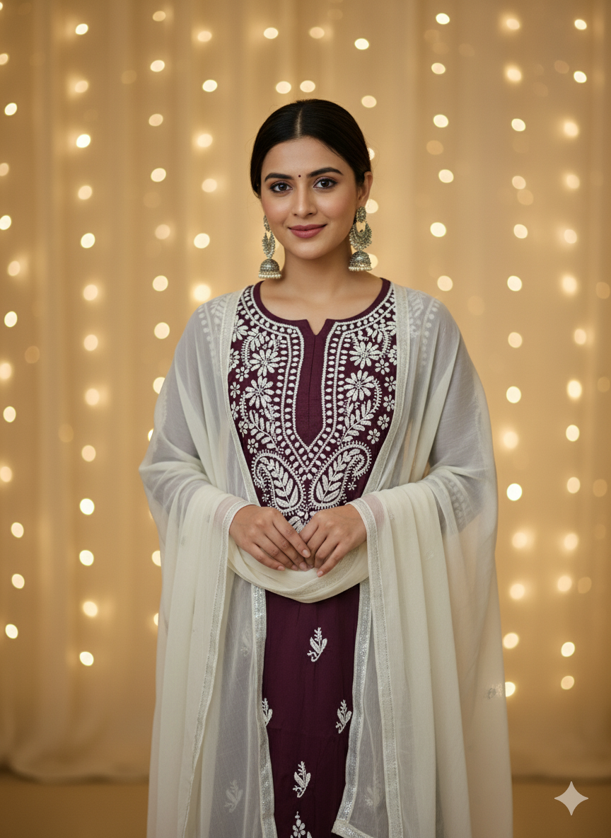 Women's Maroon Chikankari Kurti with White Hand Embroidery  Pure Cotton Ethnic Wear for Casual & Festive