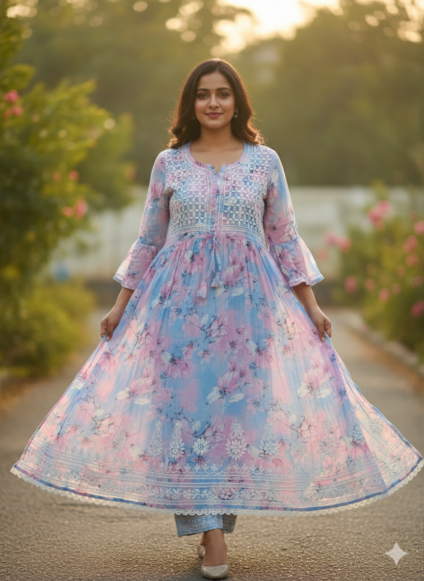 Women’s Pastel Blue-Pink Floral Printed Chikankari Kurti | Hand Embroidered Cotton Kurta with Elegant Lace Border | Casual & Festive Wear