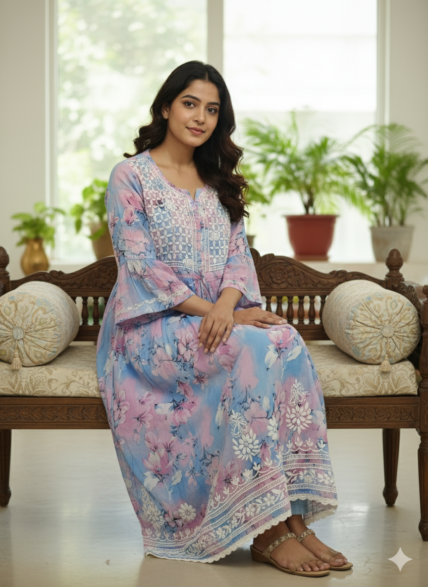 Women’s Pastel Blue-Pink Floral Printed Chikankari Kurti | Hand Embroidered Cotton Kurta with Elegant Lace Border | Casual & Festive Wear