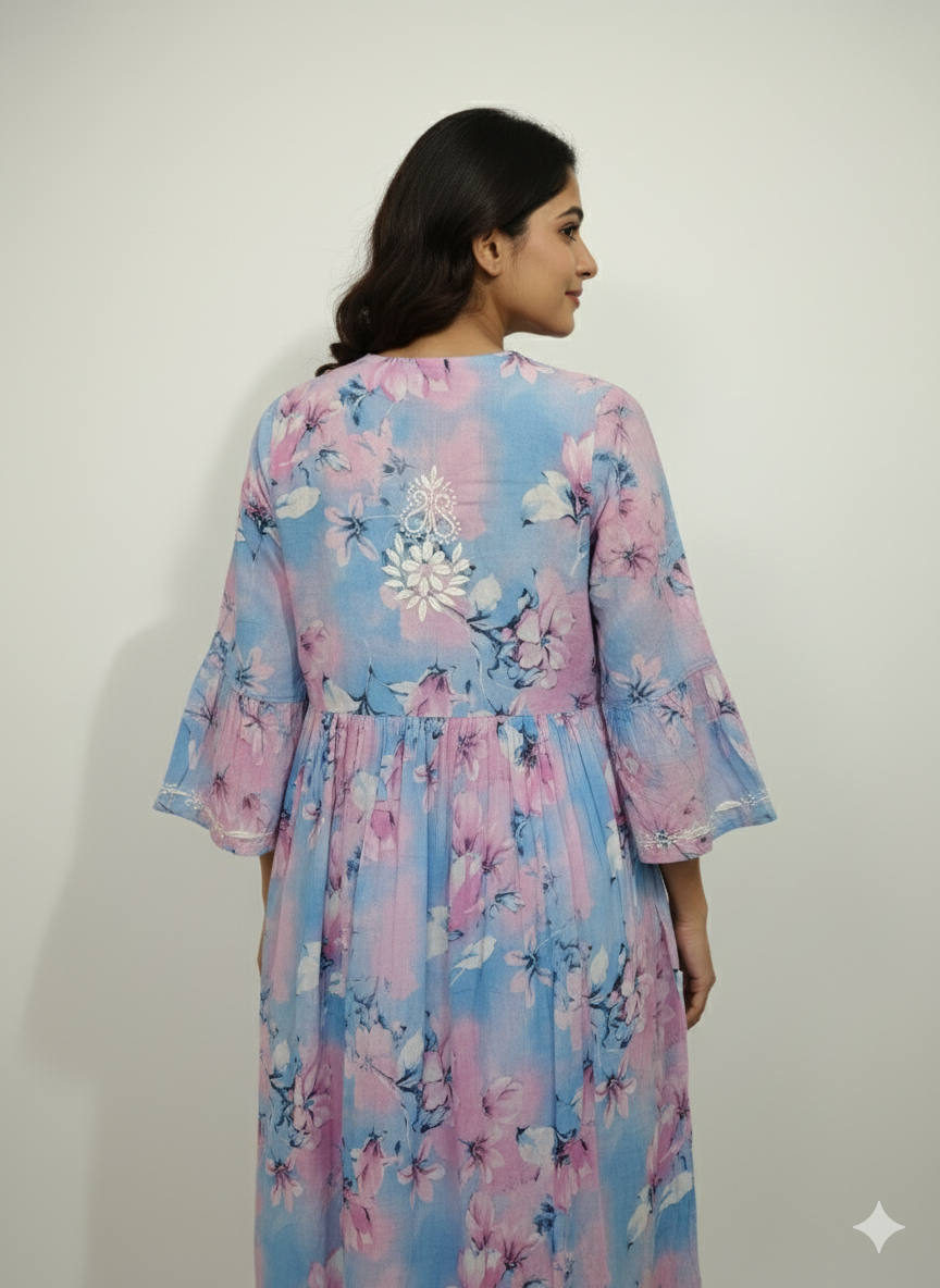 Women’s Pastel Blue-Pink Floral Printed Chikankari Kurti | Hand Embroidered Cotton Kurta with Elegant Lace Border | Casual & Festive Wear