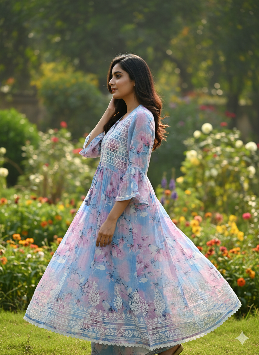 Women’s Pastel Blue-Pink Floral Printed Chikankari Kurti | Hand Embroidered Cotton Kurta with Elegant Lace Border | Casual & Festive Wear