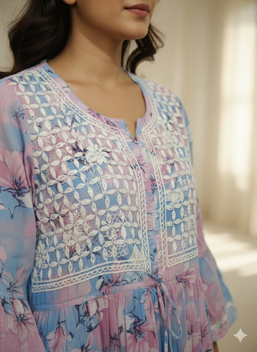 Women’s Pastel Blue-Pink Floral Printed Chikankari Kurti | Hand Embroidered Cotton Kurta with Elegant Lace Border | Casual & Festive Wear