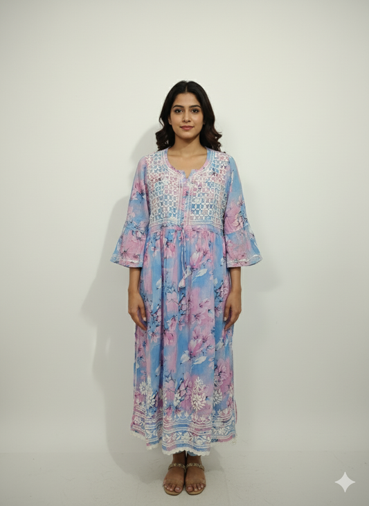 Women’s Pastel Blue-Pink Floral Printed Chikankari Kurti | Hand Embroidered Cotton Kurta with Elegant Lace Border | Casual & Festive Wear