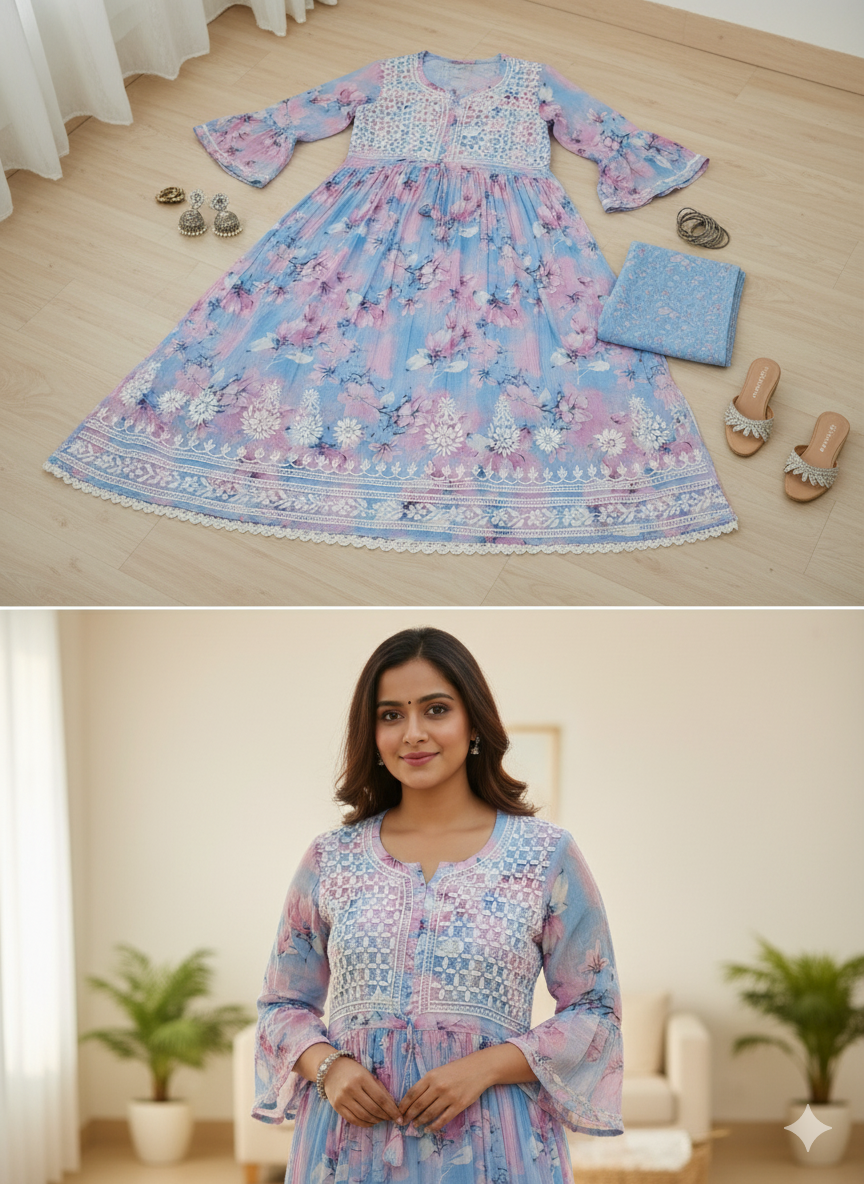 Women’s Pastel Blue-Pink Floral Printed Chikankari Kurti | Hand Embroidered Cotton Kurta with Elegant Lace Border | Casual & Festive Wear