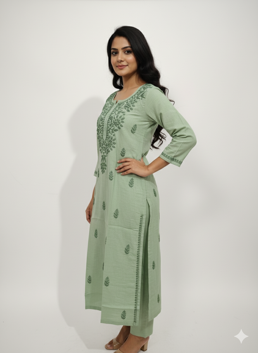Traditional Lucknowi Chikankari Kurti – Green Hand Embroidered Cotton Kurta for Women