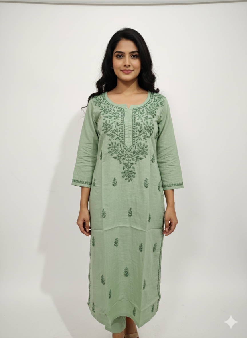 Traditional Lucknowi Chikankari Kurti – Green Hand Embroidered Cotton Kurta for Women