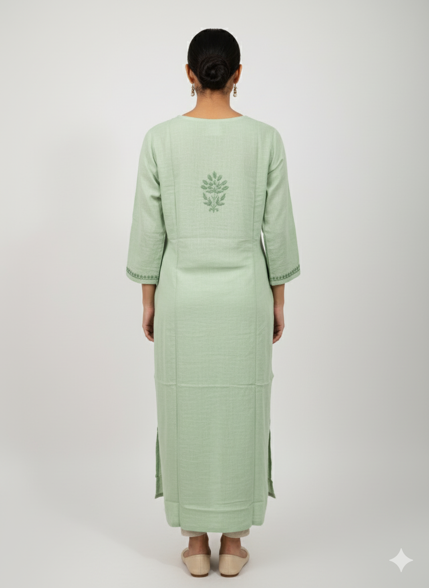 Traditional Lucknowi Chikankari Kurti – Green Hand Embroidered Cotton Kurta for Women