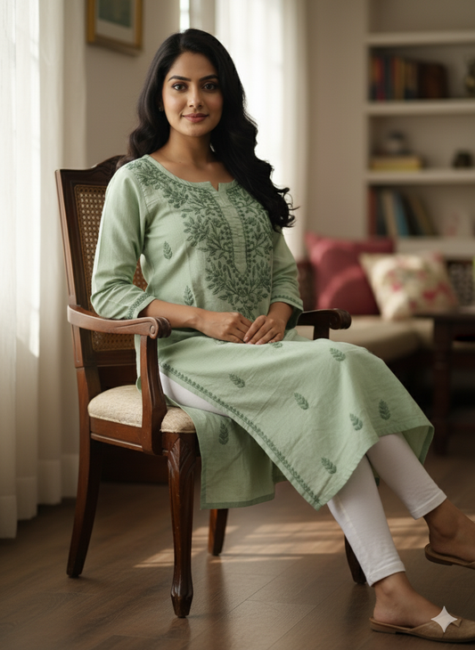 Traditional Lucknowi Chikankari Kurti – Green Hand Embroidered Cotton Kurta for Women