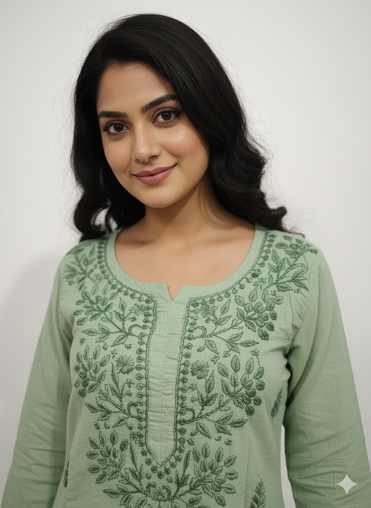 Green cotton Lucknowi Chikankari kurti embroidery close up