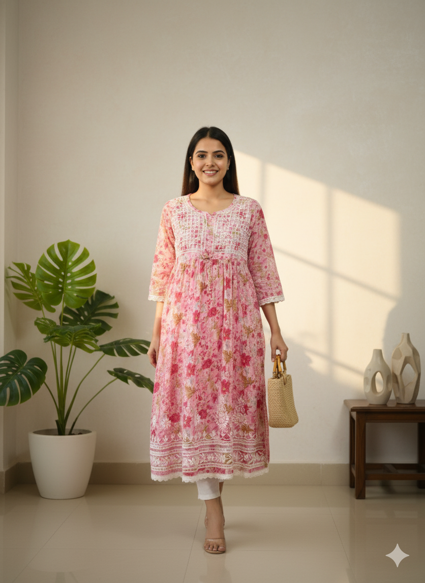 Women’s Pink Floral Chikankari Kurti with Hand Embroidered Yoke & Lace Border – Georgette Cotton Blend