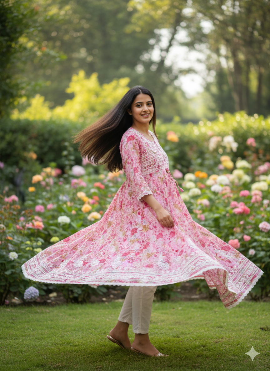 Women’s Pink Floral Chikankari Kurti with Hand Embroidered Yoke & Lace Border – Georgette Cotton Blend