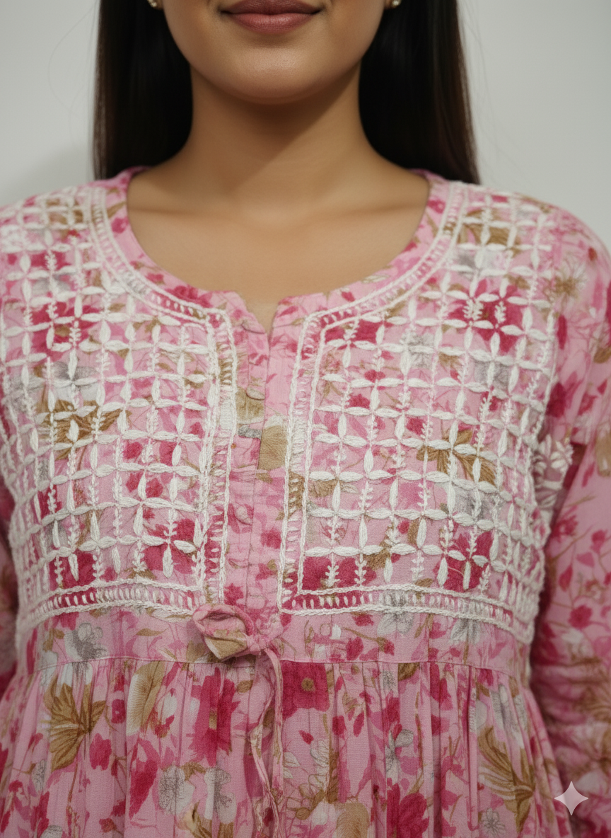Women’s Pink Floral Chikankari Kurti with Hand Embroidered Yoke & Lace Border – Georgette Cotton Blend