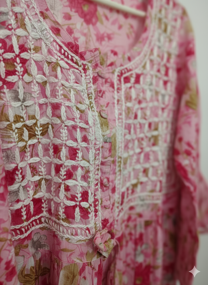 Women’s Pink Floral Chikankari Kurti with Hand Embroidered Yoke & Lace Border – Georgette Cotton Blend