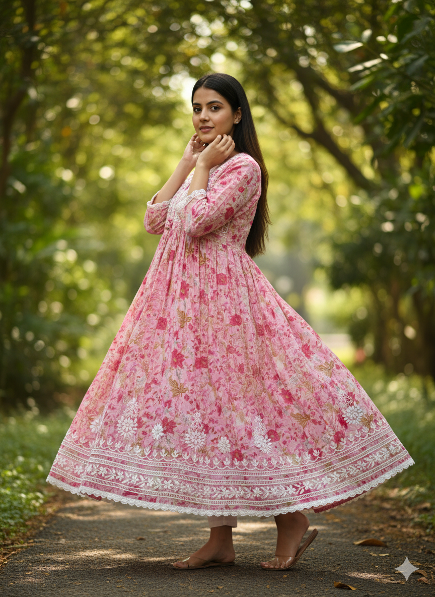 Women’s Pink Floral Chikankari Kurti with Hand Embroidered Yoke & Lace Border – Georgette Cotton Blend