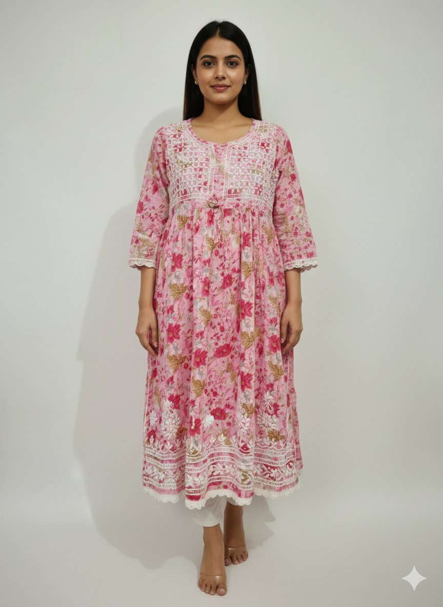 Women’s Pink Floral Chikankari Kurti with Hand Embroidered Yoke & Lace Border – Georgette Cotton Blend