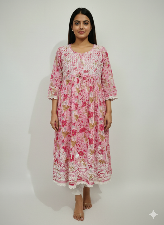 Women’s Pink Floral Chikankari Kurti with Hand Embroidered Yoke & Lace Border – Georgette Cotton Blend