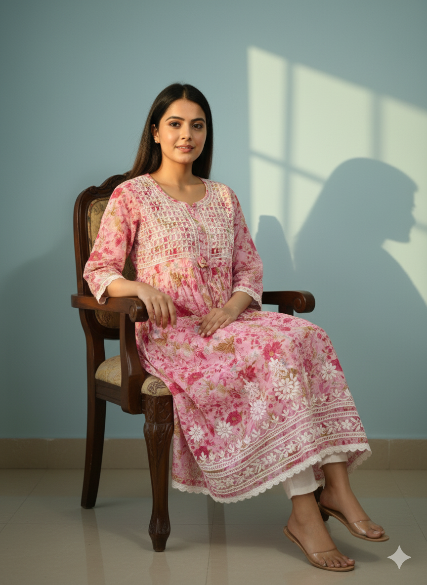 Women’s Pink Floral Chikankari Kurti with Hand Embroidered Yoke & Lace Border – Georgette Cotton Blend