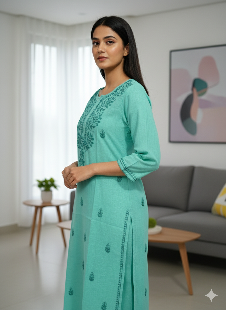 Women’s Pure Cotton Chikankari Kurti – Hand Embroidered Lucknowi Kurta for Casual & Ethnic Wear (Sea Green)