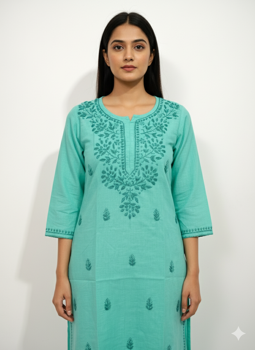 Women’s Pure Cotton Chikankari Kurti – Hand Embroidered Lucknowi Kurta for Casual & Ethnic Wear (Sea Green)