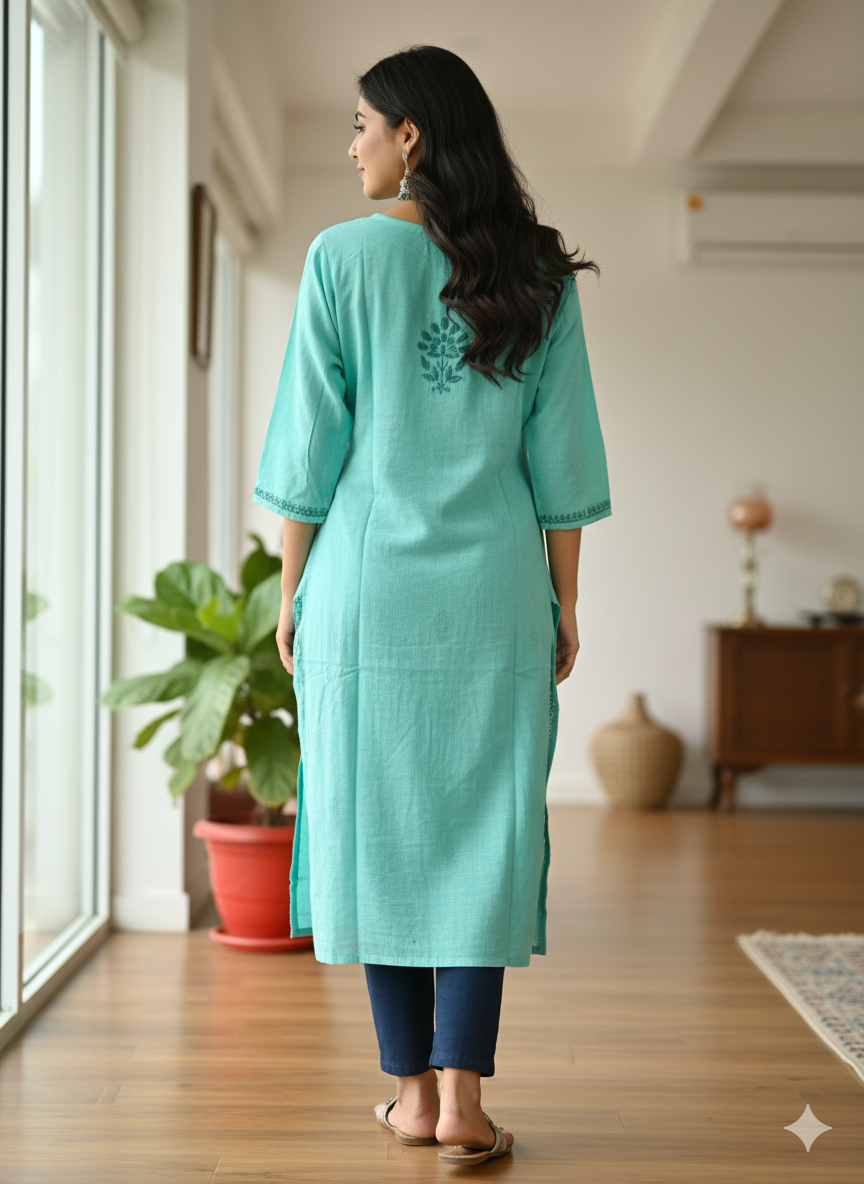 Women’s Pure Cotton Chikankari Kurti – Hand Embroidered Lucknowi Kurta for Casual & Ethnic Wear (Sea Green)
