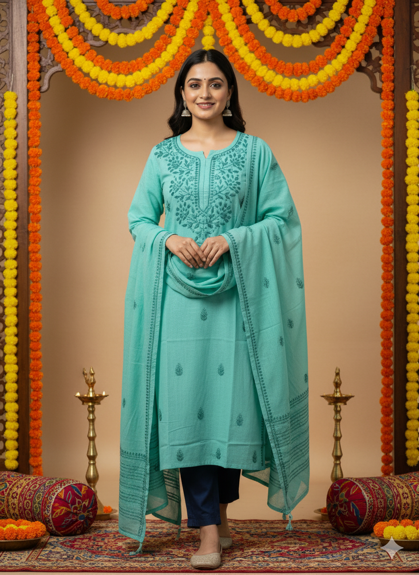 Women’s Pure Cotton Chikankari Kurti – Hand Embroidered Lucknowi Kurta for Casual & Ethnic Wear (Sea Green)