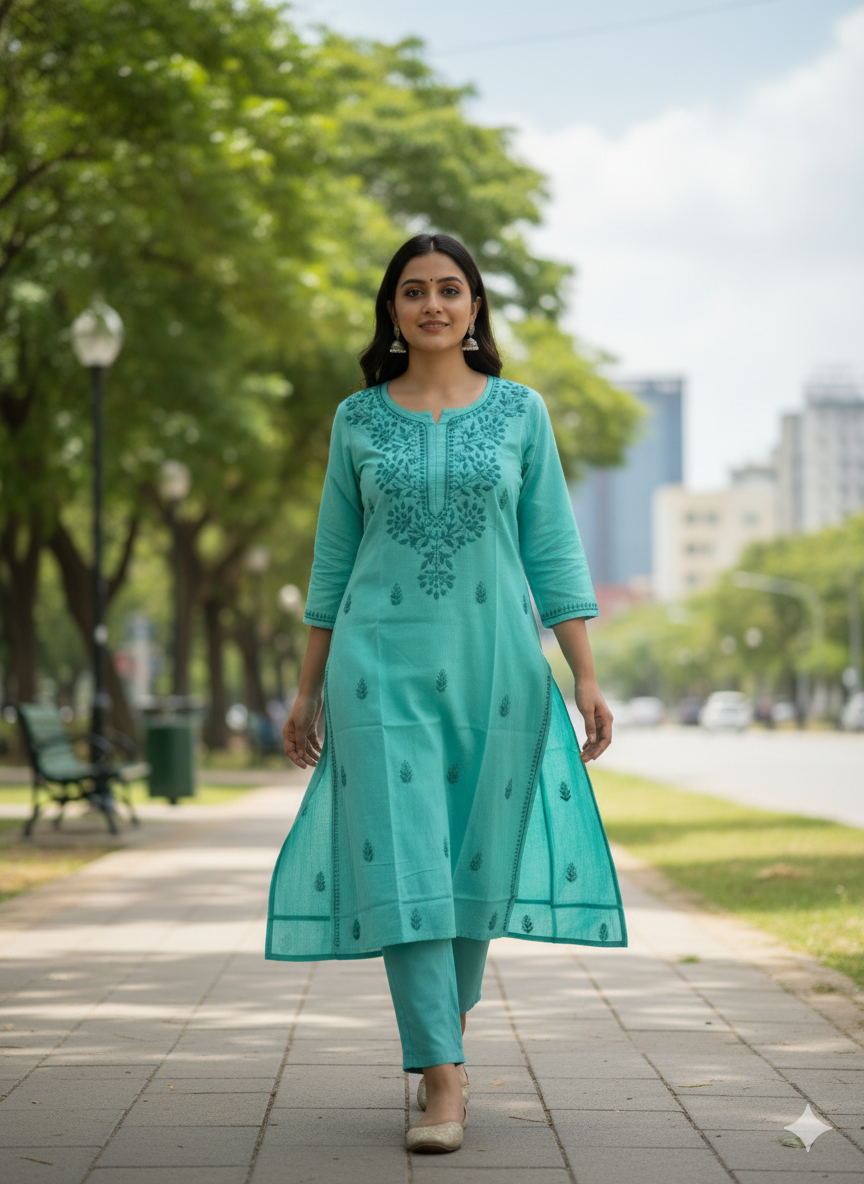 Women’s Pure Cotton Chikankari Kurti – Hand Embroidered Lucknowi Kurta for Casual & Ethnic Wear (Sea Green)