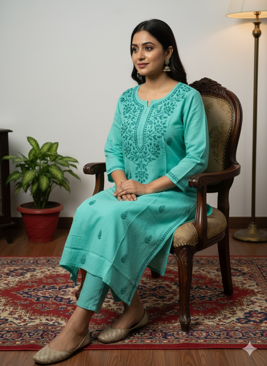 Women’s Pure Cotton Chikankari Kurti – Hand Embroidered Lucknowi Kurta for Casual & Ethnic Wear (Sea Green)