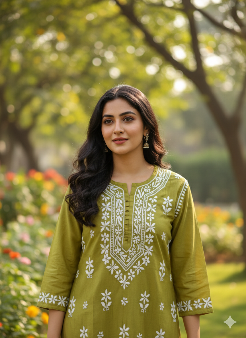 Women’s Pure Cotton Green Chikankari Kurti with White Hand Embroidery – Lucknowi Ethnic Wear for Casual & Festive Use