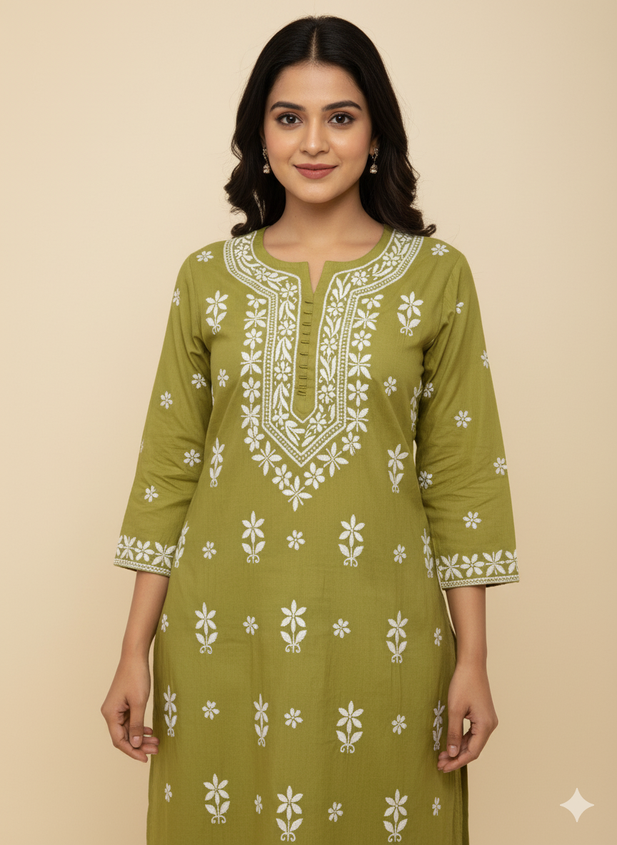 Women’s Pure Cotton Green Chikankari Kurti with White Hand Embroidery – Lucknowi Ethnic Wear for Casual & Festive Use