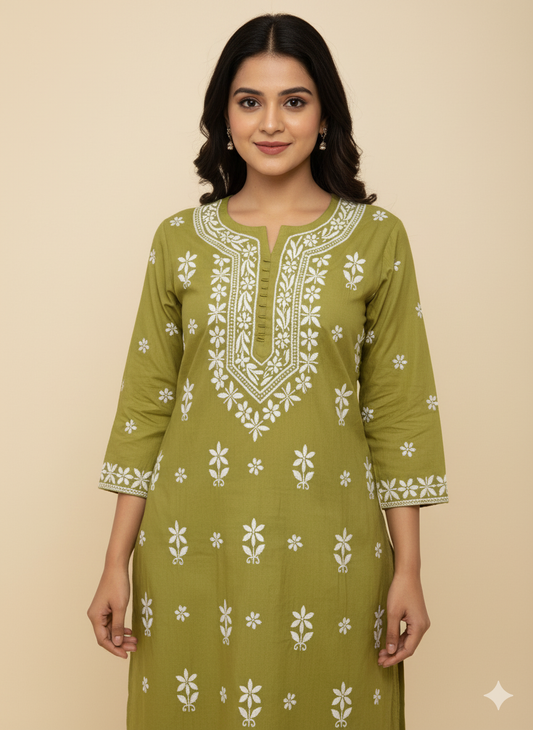 Women’s Pure Cotton Green Chikankari Kurti with White Hand Embroidery – Lucknowi Ethnic Wear for Casual & Festive Use