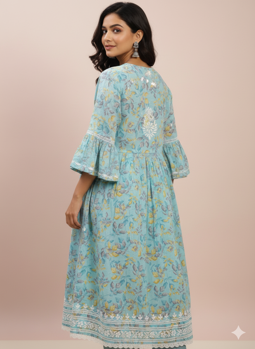 Women’s Sky Blue Floral Printed Cotton Chikankari Kurti with Hand Embroidered Yoke & Flared Sleeves | Lucknowi Chikankari Kurta for Casual & Festive Wear