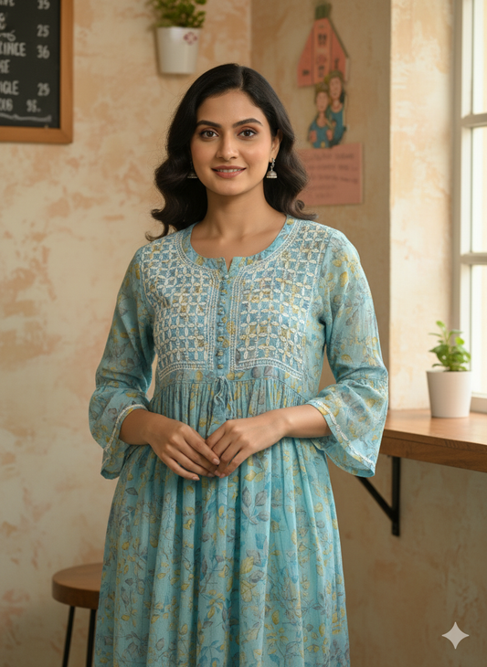 Women’s Sky Blue Floral Printed Cotton Chikankari Kurti with Hand Embroidered Yoke & Flared Sleeves | Lucknowi Chikankari Kurta for Casual & Festive Wear