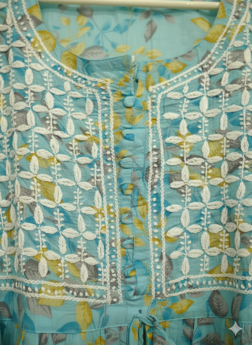 Women’s Sky Blue Floral Printed Cotton Chikankari Kurti with Hand Embroidered Yoke & Flared Sleeves | Lucknowi Chikankari Kurta for Casual & Festive Wear