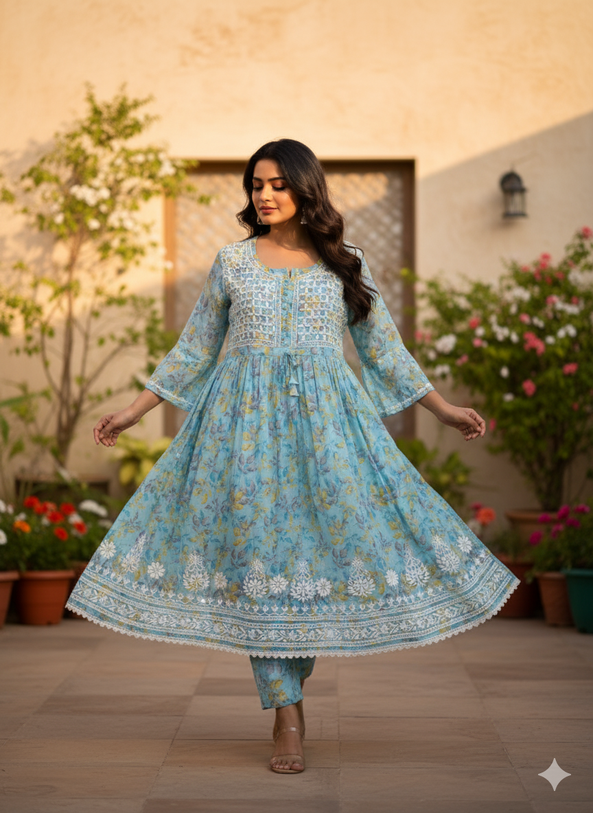 Women’s Sky Blue Floral Printed Cotton Chikankari Kurti with Hand Embroidered Yoke & Flared Sleeves | Lucknowi Chikankari Kurta for Casual & Festive Wear