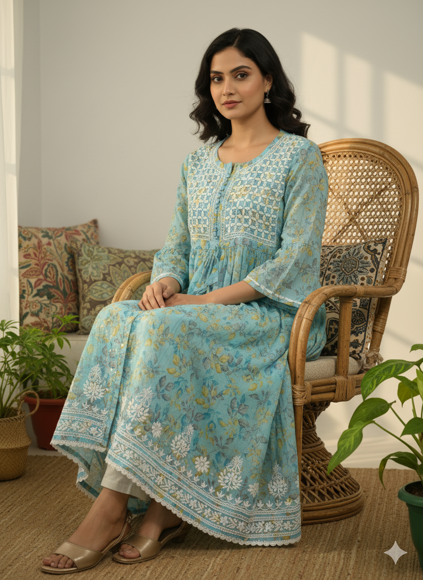 Women’s Sky Blue Floral Printed Cotton Chikankari Kurti with Hand Embroidered Yoke & Flared Sleeves | Lucknowi Chikankari Kurta for Casual & Festive Wear
