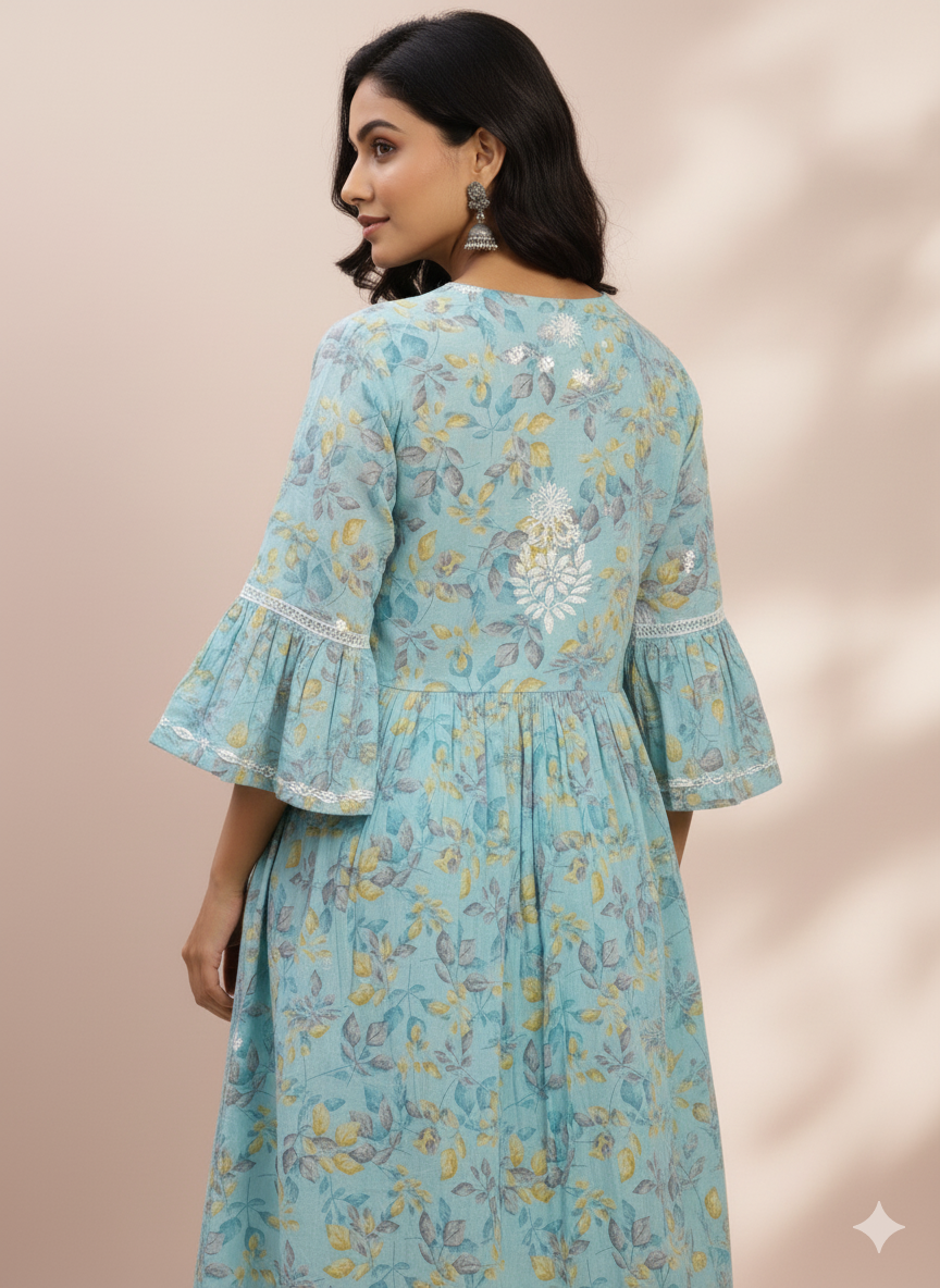Women’s Sky Blue Floral Printed Cotton Chikankari Kurti with Hand Embroidered Yoke & Flared Sleeves | Lucknowi Chikankari Kurta for Casual & Festive Wear