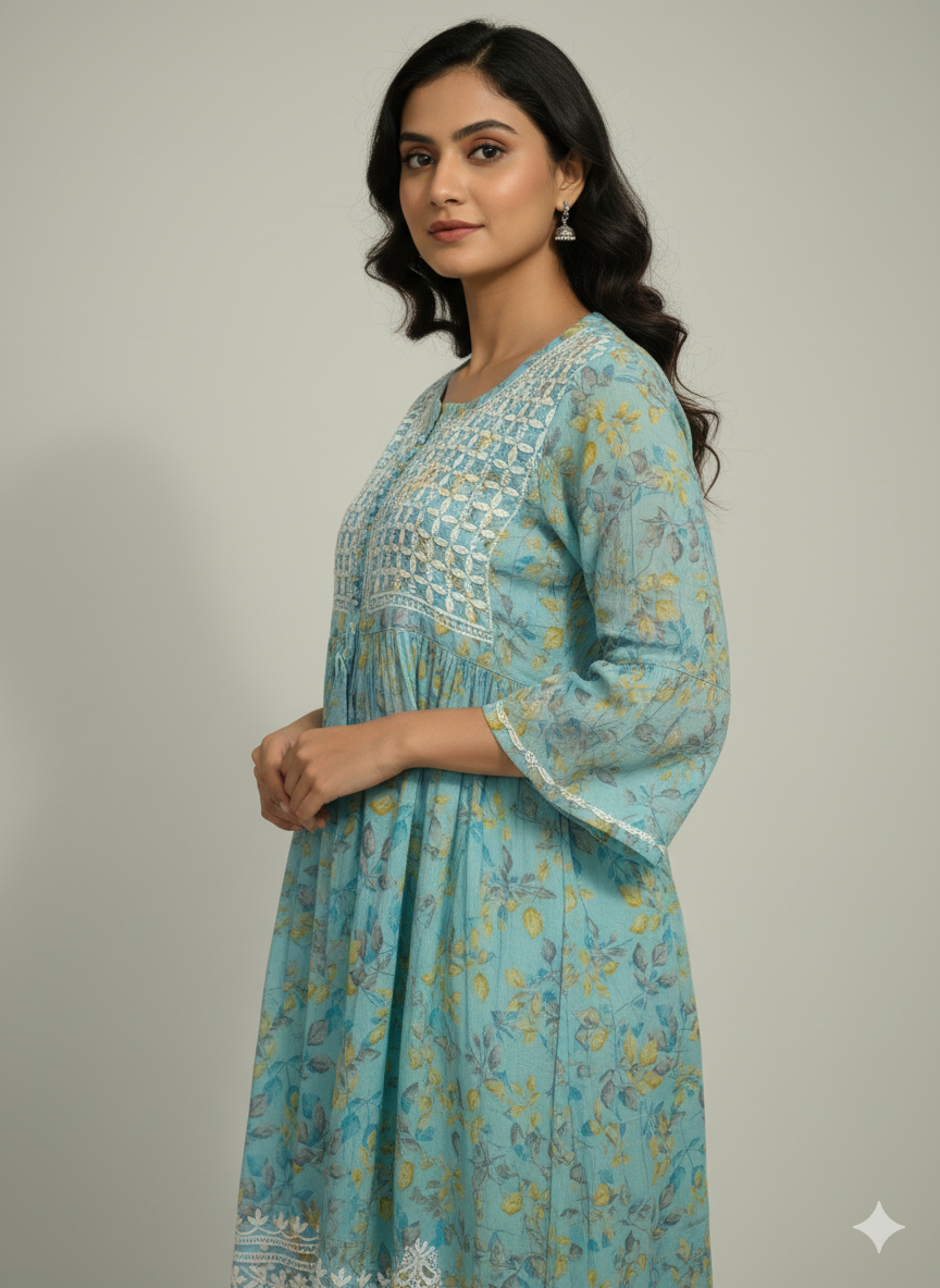 Women’s Sky Blue Floral Printed Cotton Chikankari Kurti with Hand Embroidered Yoke & Flared Sleeves | Lucknowi Chikankari Kurta for Casual & Festive Wear