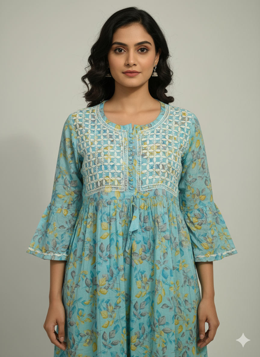 Women’s Sky Blue Floral Printed Cotton Chikankari Kurti with Hand Embroidered Yoke & Flared Sleeves | Lucknowi Chikankari Kurta for Casual & Festive Wear