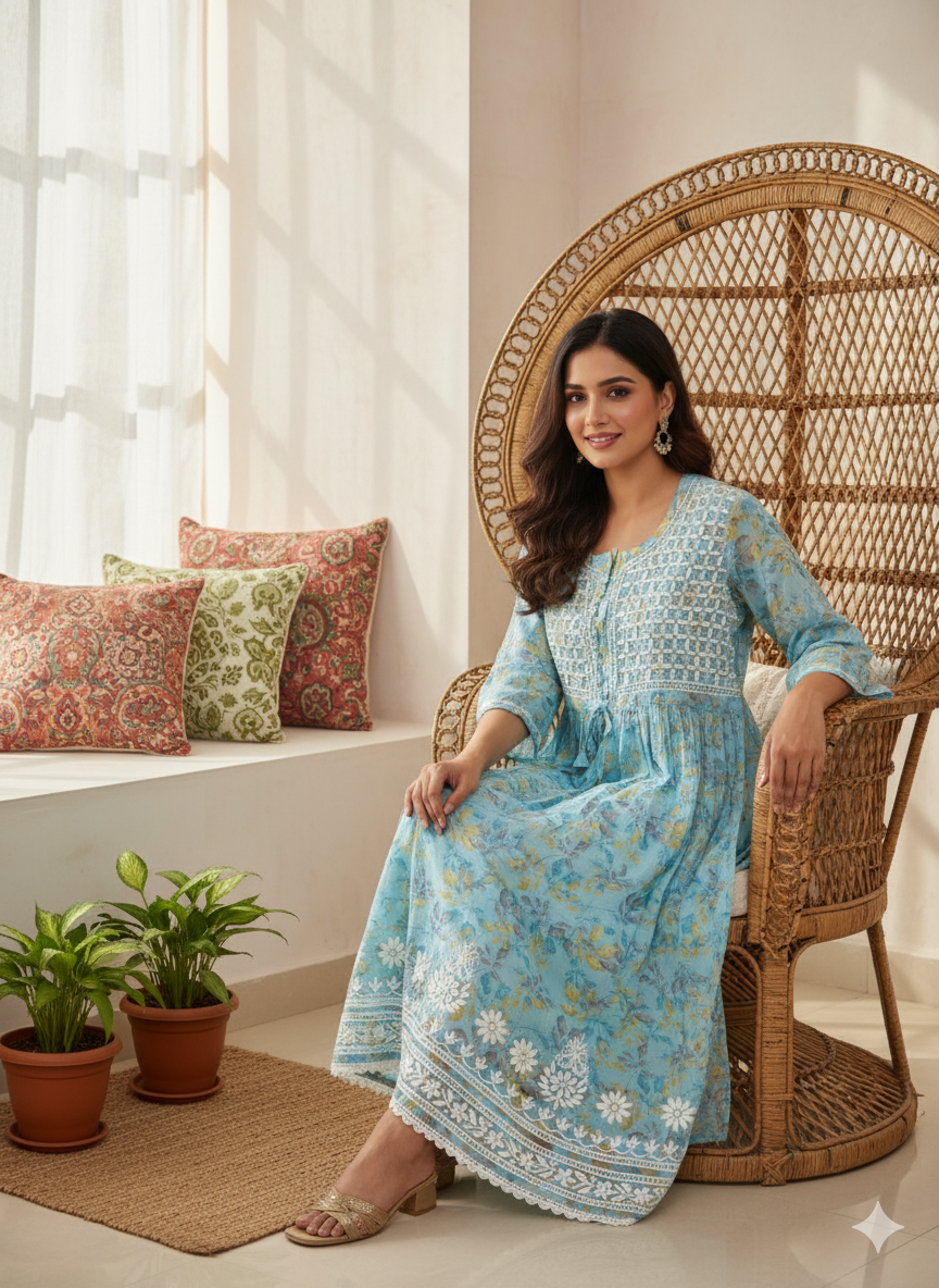 Women’s Sky Blue Floral Printed Cotton Chikankari Kurti with Hand Embroidered Yoke & Flared Sleeves | Lucknowi Chikankari Kurta for Casual & Festive Wear