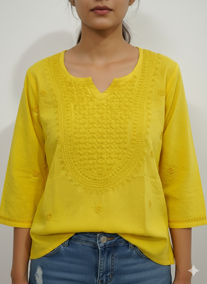 Women’s Yellow Cotton Short Chikankari Kurti | Hand Embroidered Lucknowi Kurta Top for Jeans & Pants